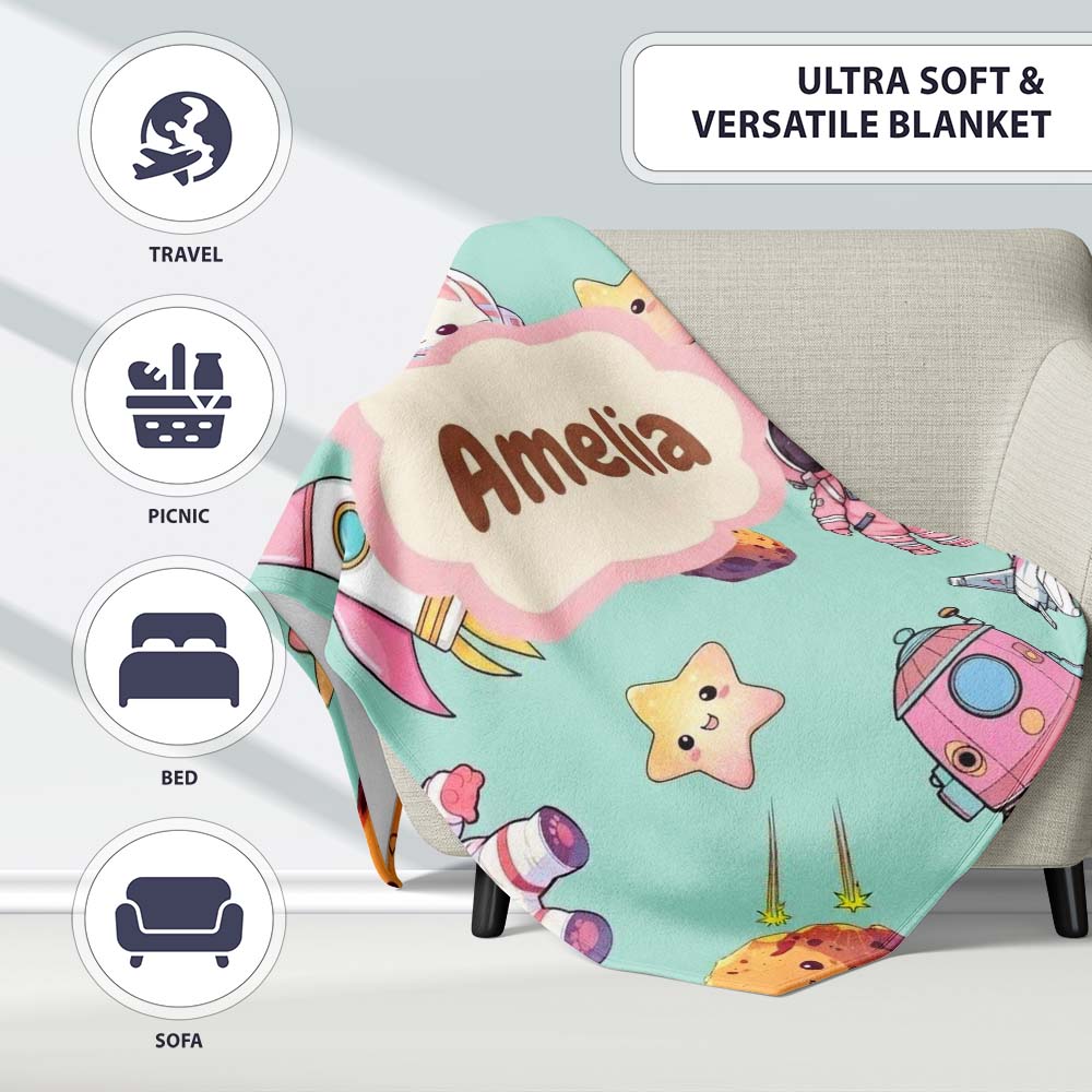 Cat Astronaut Girl Rockets Stars Space Seamless Mint Background Personalised Custom Name Super Soft Fleece Blanket Bed Sofa Throw