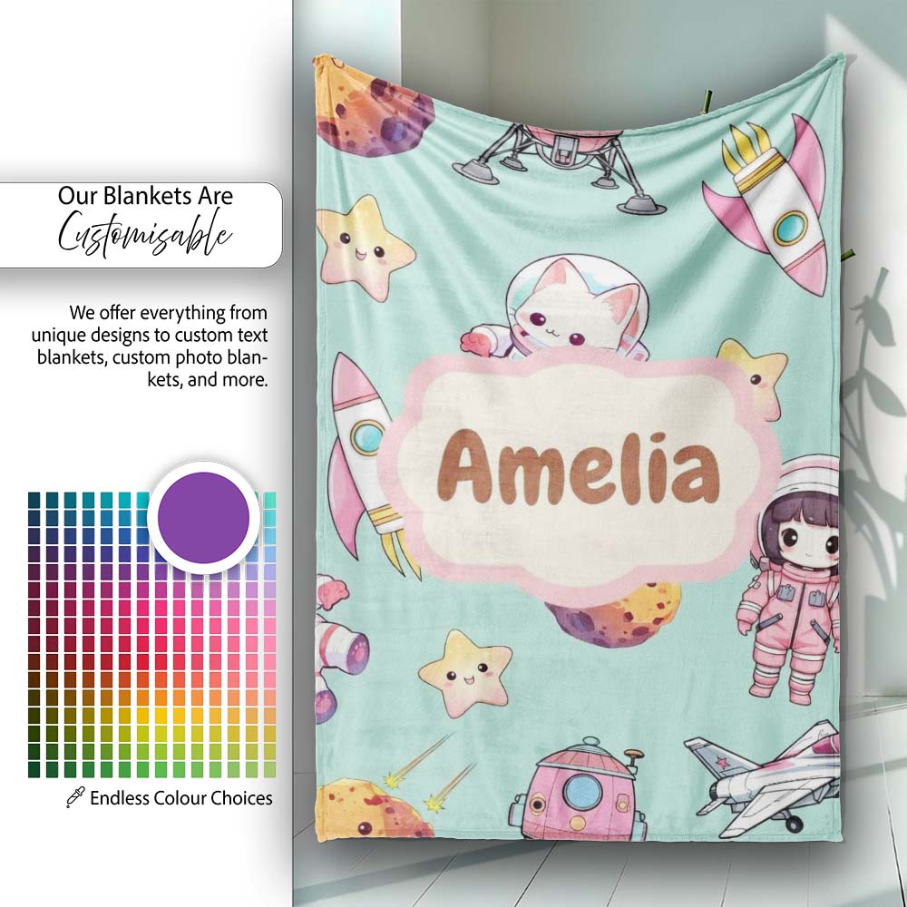 Cat Astronaut Girl Rockets Stars Space Seamless Mint Background Personalised Custom Name Super Soft Fleece Blanket Bed Sofa Throw