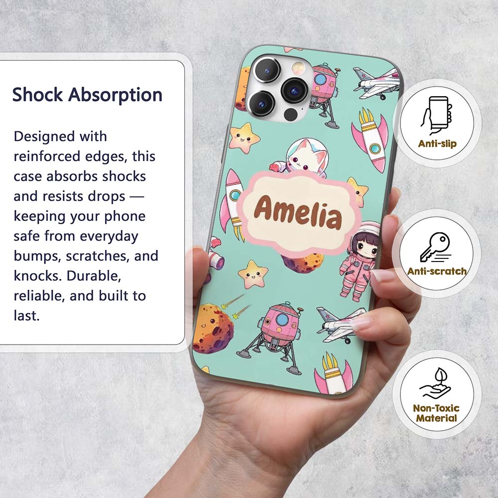 Cat Astronaut Girl Rockets Stars Space Seamless Custom Name Protective Phone Case Mobile Cover Durable Everyday Smartphone Shock Resistant
