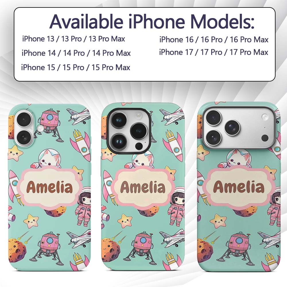 Cat Astronaut Girl Rockets Stars Space Seamless Custom Name Protective Phone Case Mobile Cover Durable Everyday Smartphone Shock Resistant