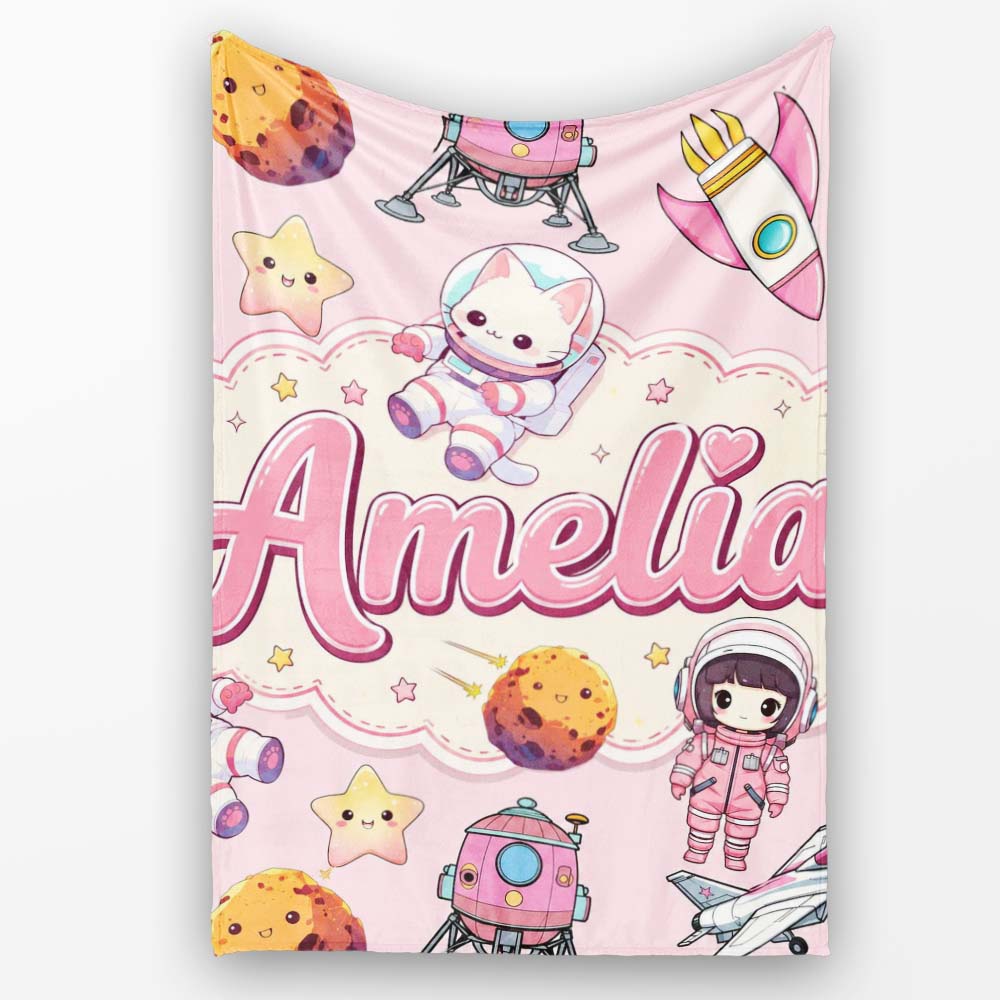 Cat Astronaut Girl Rockets Stars Space Seamless Light Pink Personalised Custom Name Super Soft Fleece Blanket Bed Sofa Throw