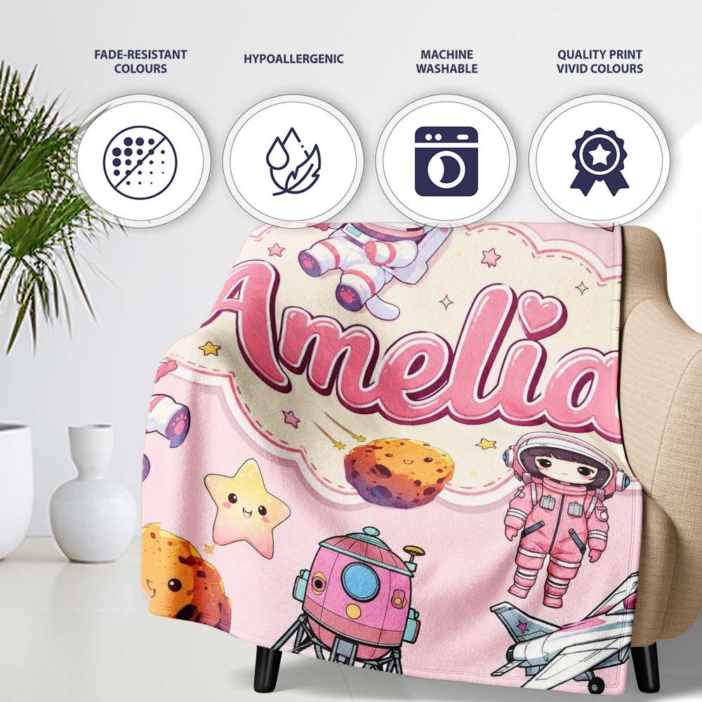 Cat Astronaut Girl Rockets Stars Space Seamless Light Pink Personalised Custom Name Super Soft Fleece Blanket Bed Sofa Throw