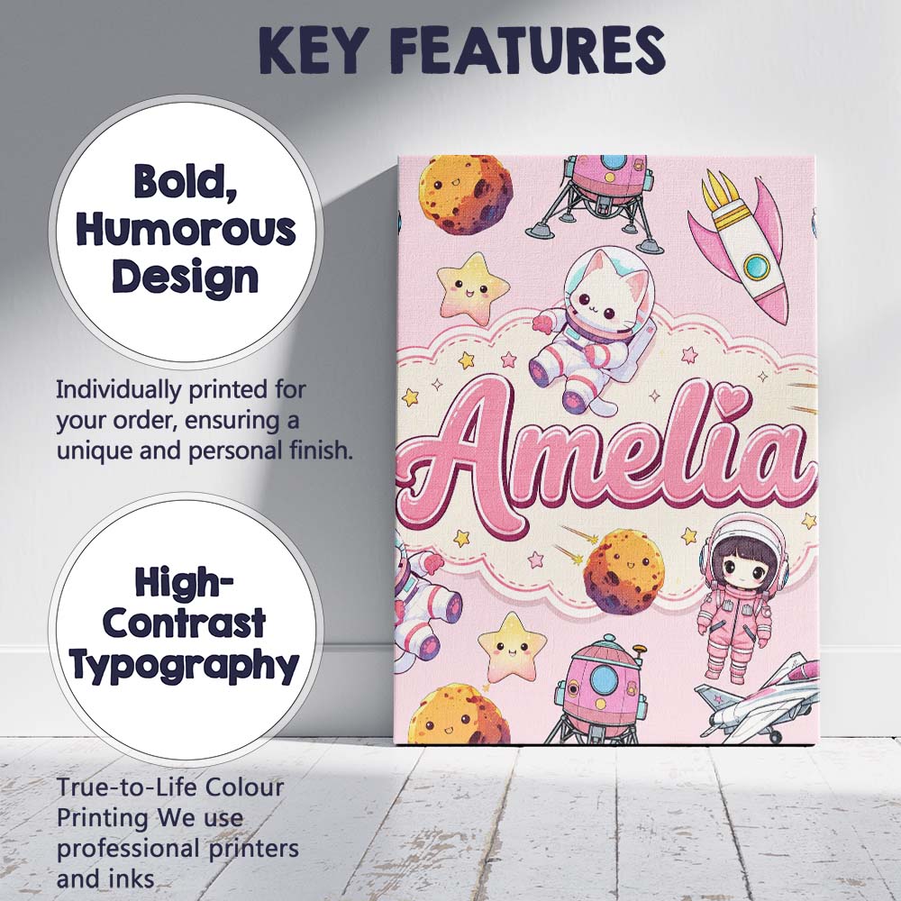 Personalised Name Cat Astronaut Girl Custom Premium Decorative Design Modern Room Accent Canvas Wall Art Print Decor Picture Ready to Hang