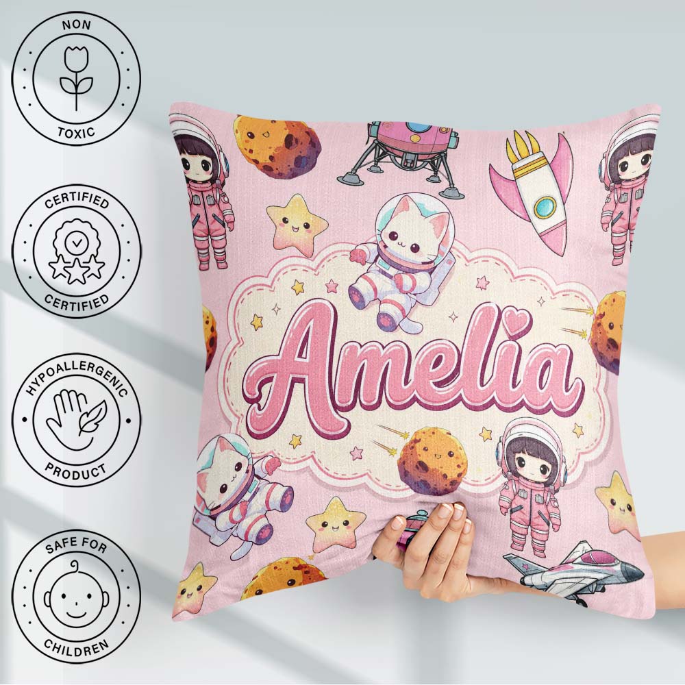 Custom Name Cat Astronaut Girl Rockets Stars Space Seamless Pink Square Filled Cushion Throw Pillow Sofa Bed Home Decor Zip Washable UK Made