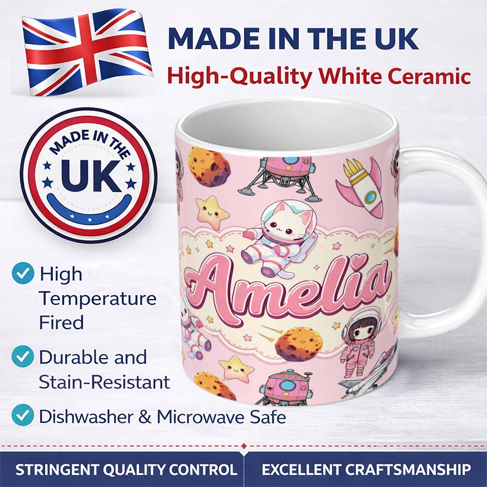 Personalized Custom Name Cat Astronaut Girl Rockets Stars Space Seamless Light Pink 11oz Ceramic Coffee Tea Mug White Large Handle