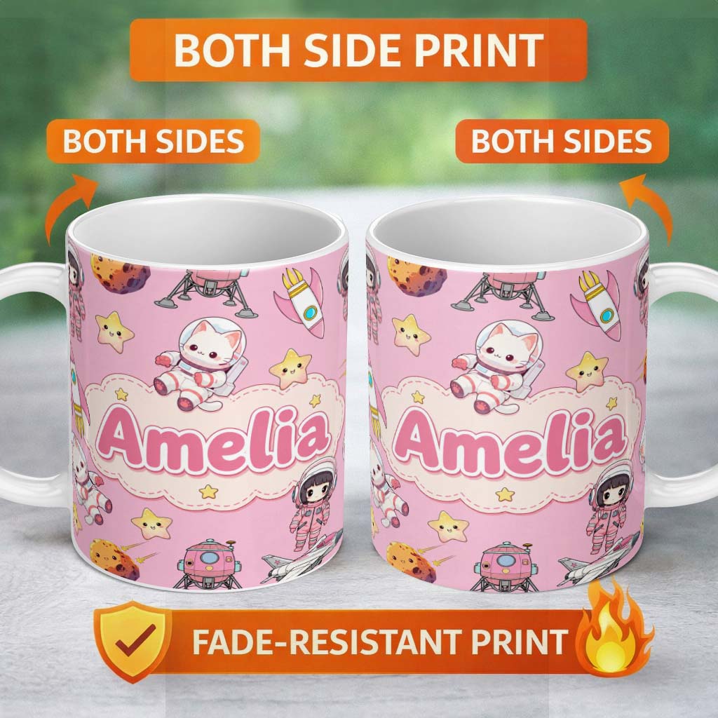 Personalized Custom Name Cat Astronaut Girl Rockets Stars Space Seamless Dark Pink 11oz Ceramic Coffee Tea Mug White Large Handle