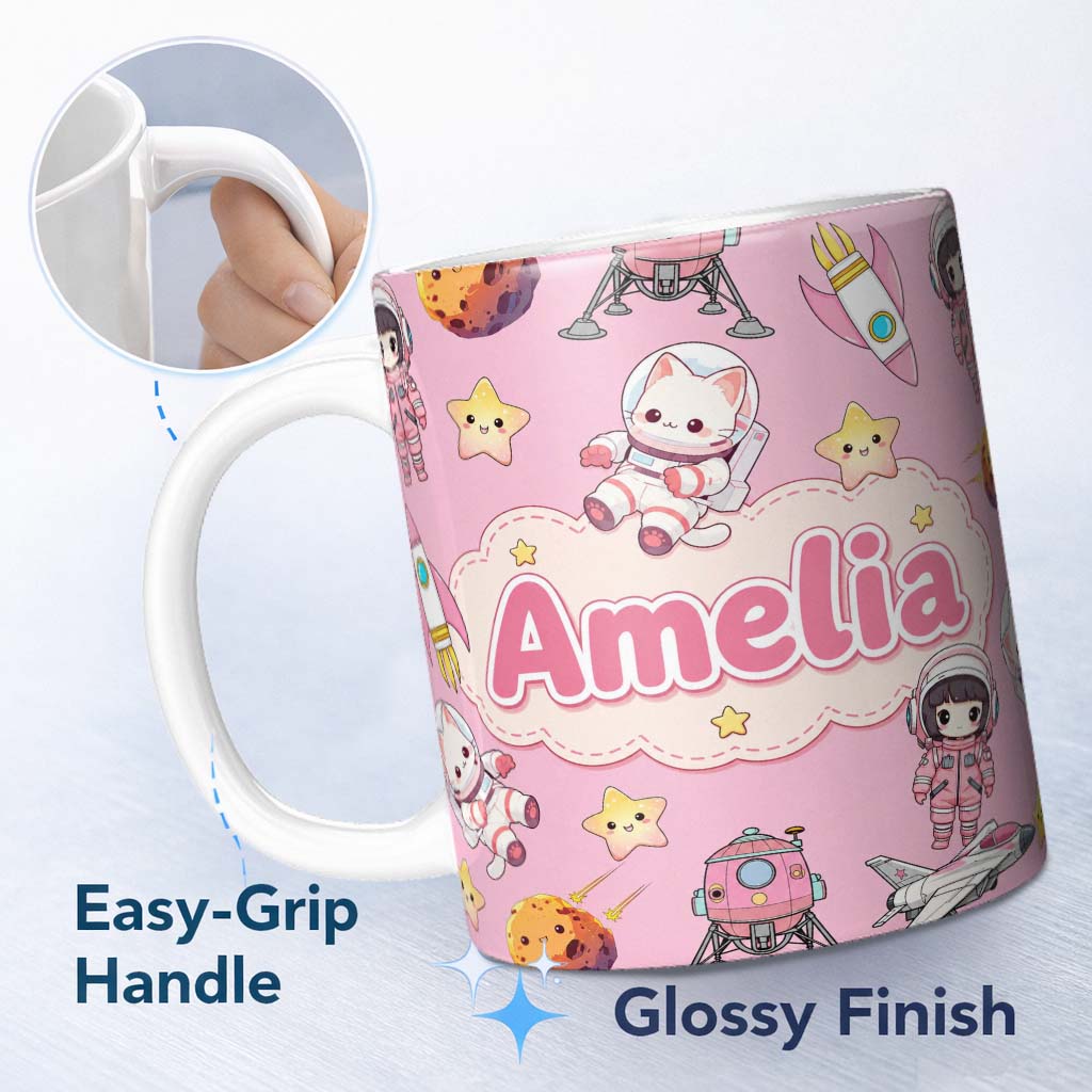 Personalized Custom Name Cat Astronaut Girl Rockets Stars Space Seamless Dark Pink 11oz Ceramic Coffee Tea Mug White Large Handle
