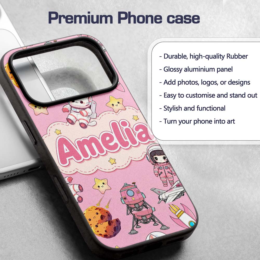 Cat Astronaut Girl Rockets Stars Space Seamless Custom Name Protective Phone Case Mobile Cover Durable Everyday Smartphone Shock Resistant