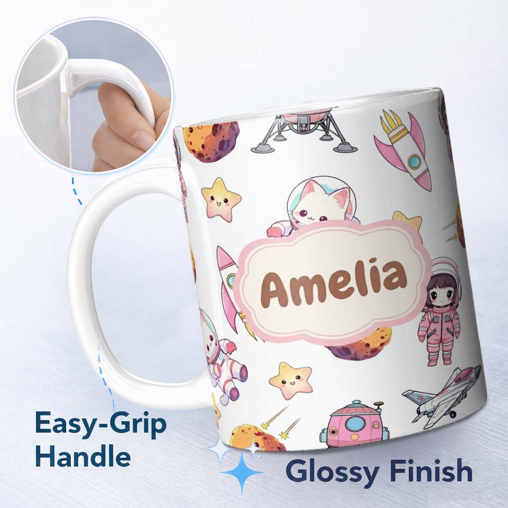 Personalized Custom Name Cat Astronaut Girl Rockets Stars Space Seamless Grey Background 11oz Ceramic Coffee Tea Mug White Large Handle