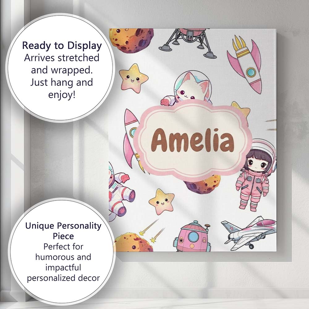 Personalised Name Cat Astronaut Girl Custom Premium Decorative Design Modern Room Accent Canvas Wall Art Print Decor Picture Ready to Hang