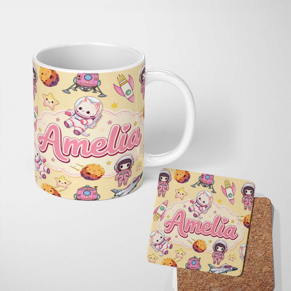 Personalized Custom Name Cat Astronaut Girl Rockets Stars Space Seamless Beige Background 11oz Ceramic Coffee Tea Mug White Large Handle
