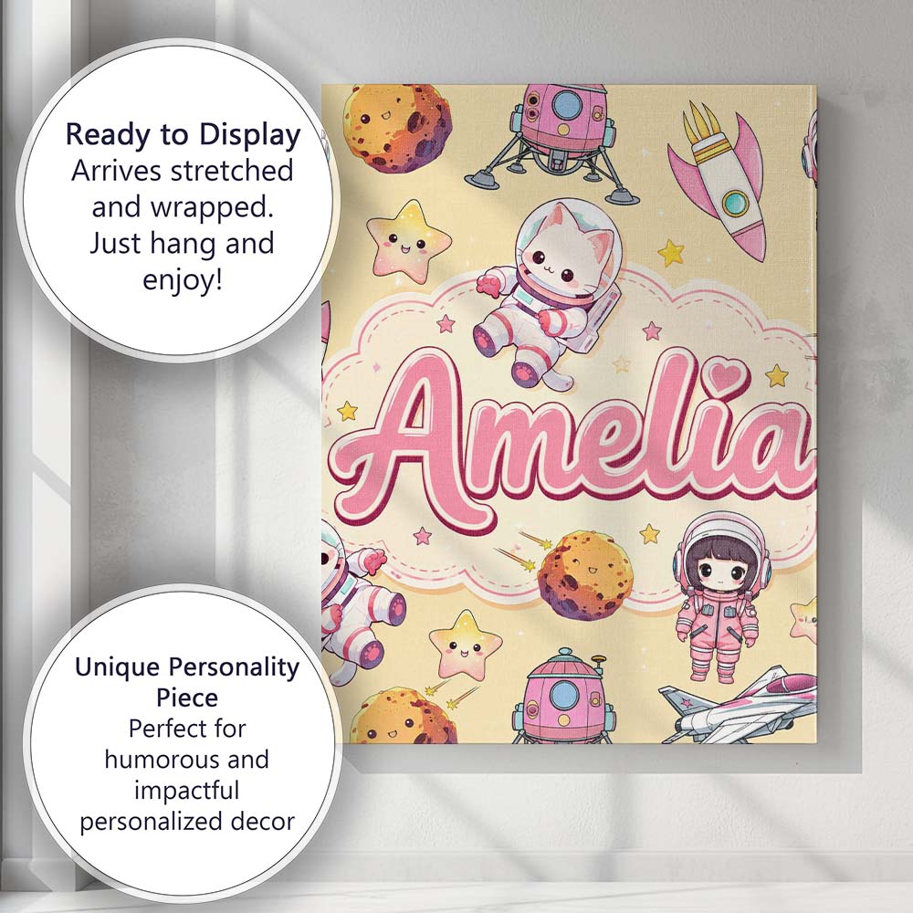 Personalised Name Cat Astronaut Girl Custom Premium Decorative Design Modern Room Accent Canvas Wall Art Print Decor Picture Ready to Hang