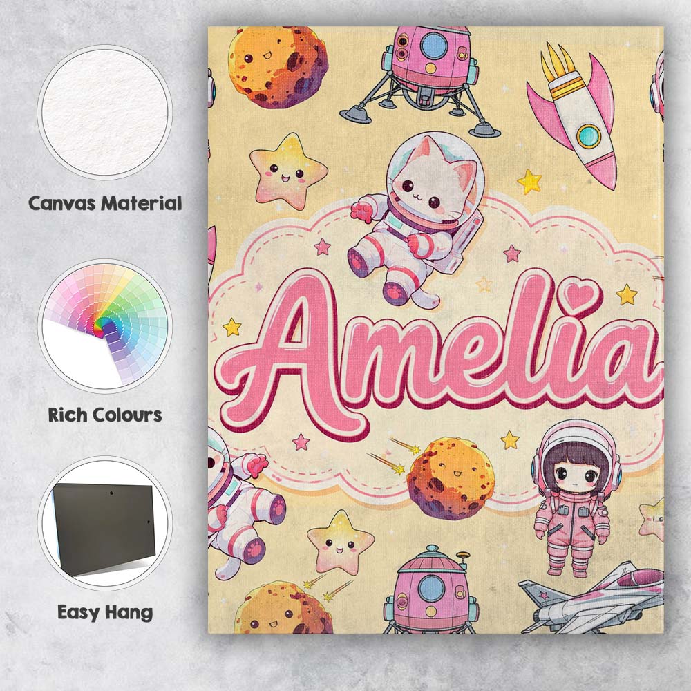 Personalised Name Cat Astronaut Girl Custom Premium Decorative Design Modern Room Accent Canvas Wall Art Print Decor Picture Ready to Hang