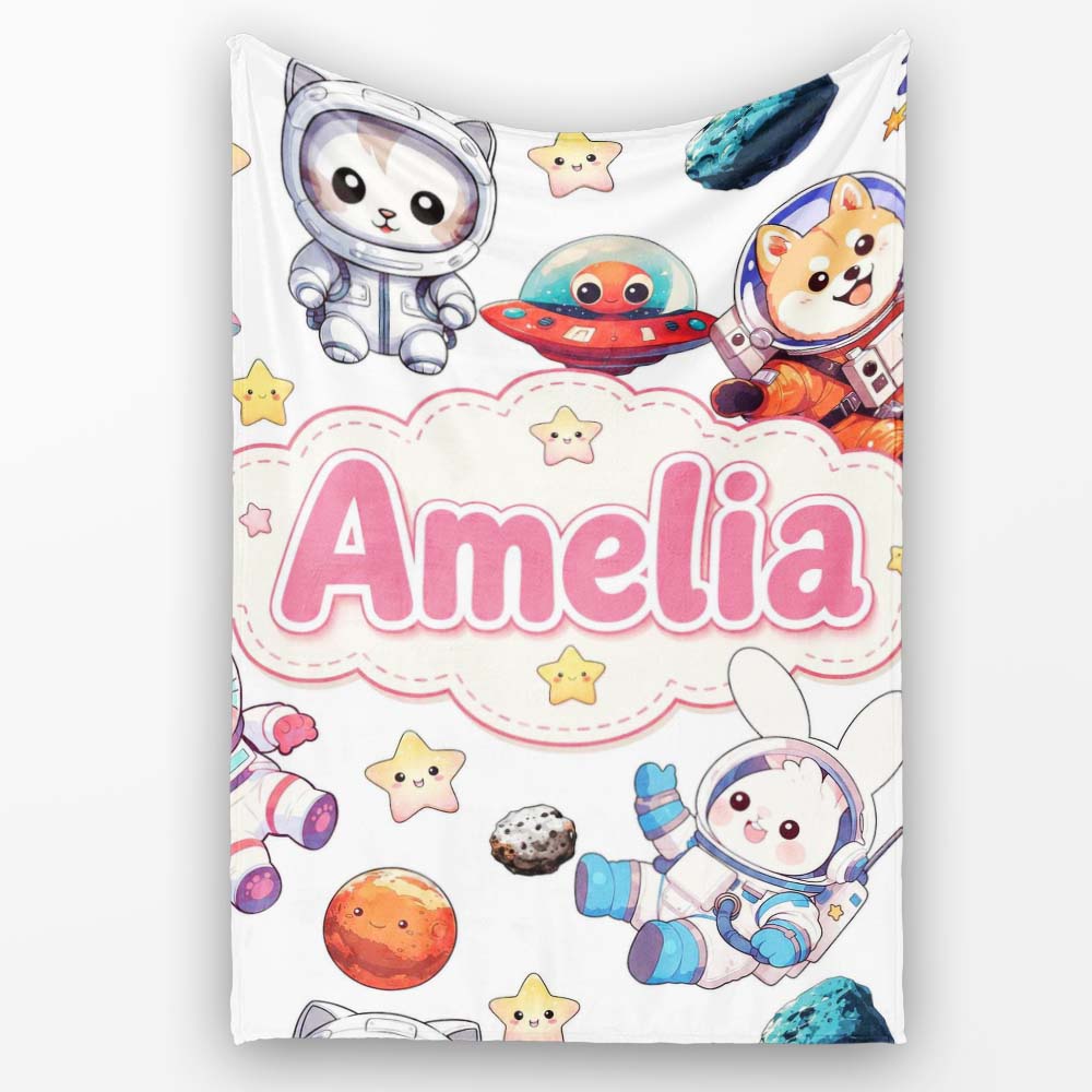 Space Animals Astronaut Dog Bunny UFO Stars Planets Seamless White Personalised Custom Name Super Soft Fleece Blanket Bed Sofa Throw