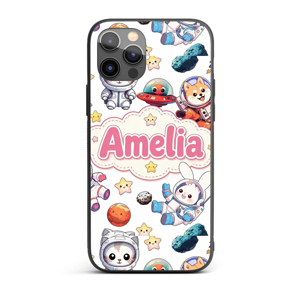 Space Animals Astronaut Dog Bunny Printed Design Custom Name Protective Phone Case Mobile Cover Durable Everyday Smartphone Shock Resistant