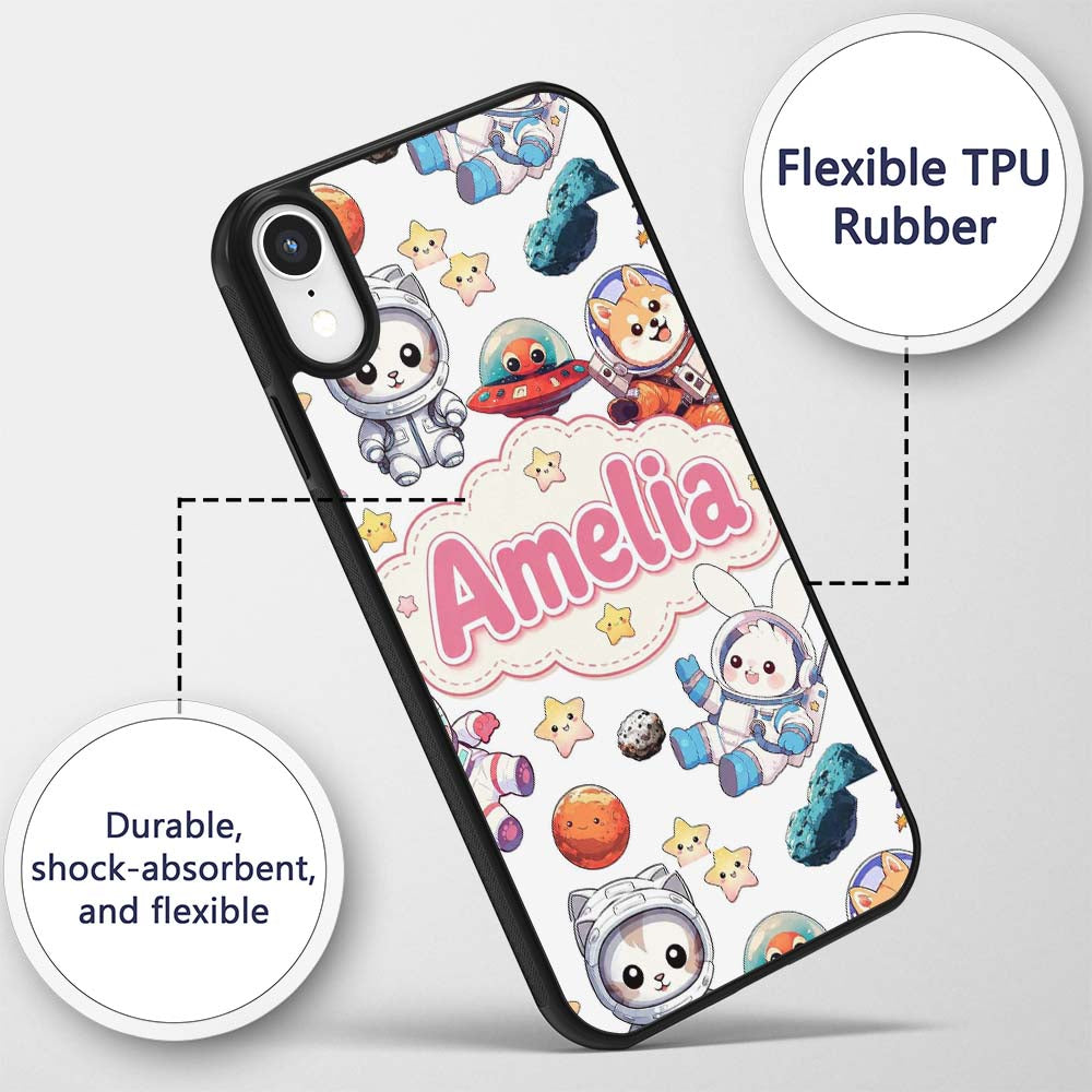 Space Animals Astronaut Dog Bunny Printed Design Custom Name Protective Phone Case Mobile Cover Durable Everyday Smartphone Shock Resistant