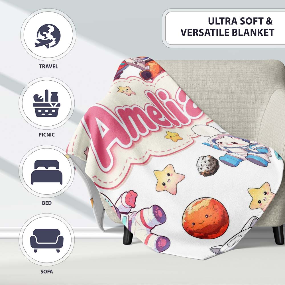 Space Animals Astronaut Dog Bunny UFO Stars Planets Seamless White Personalised Custom Name Super Soft Fleece Blanket Bed Sofa Throw
