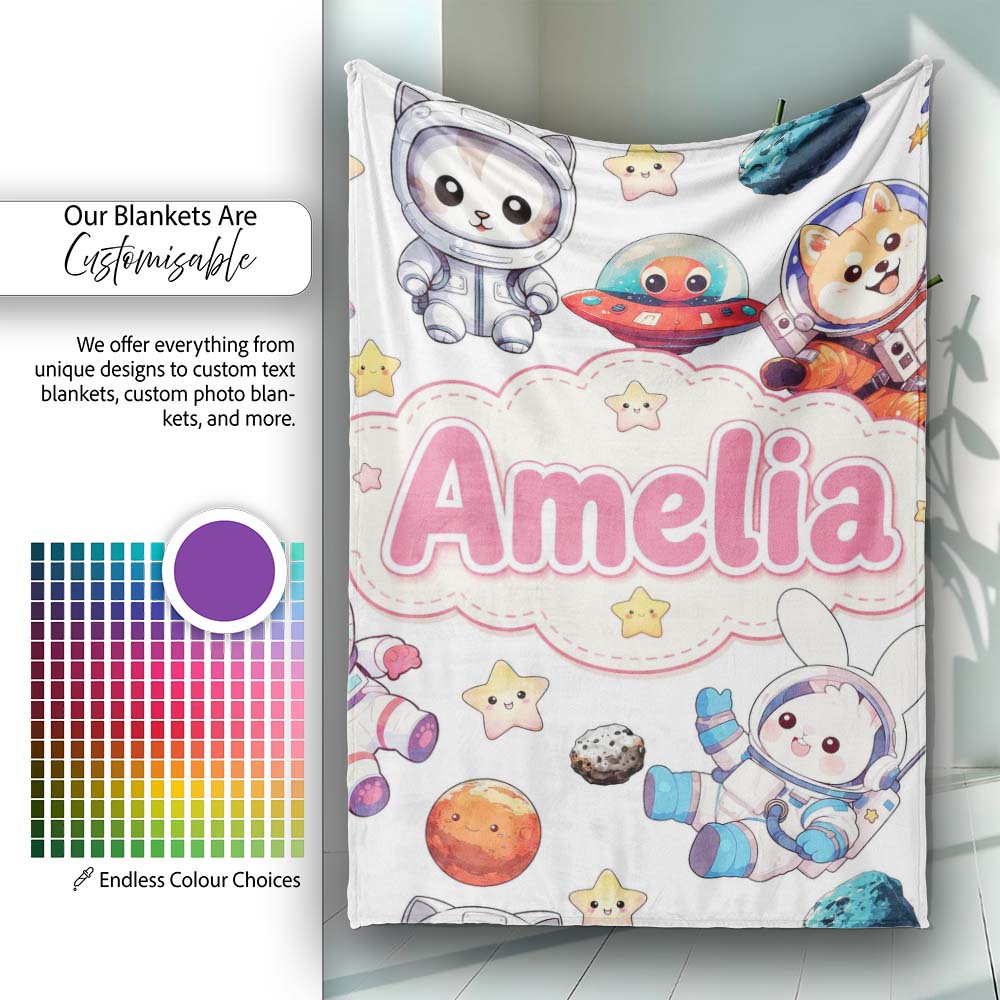 Space Animals Astronaut Dog Bunny UFO Stars Planets Seamless White Personalised Custom Name Super Soft Fleece Blanket Bed Sofa Throw