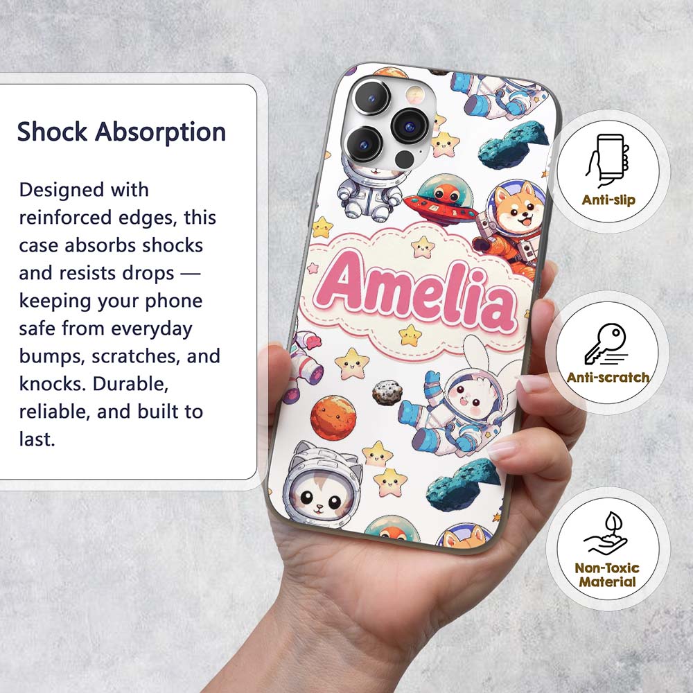Space Animals Astronaut Dog Bunny Printed Design Custom Name Protective Phone Case Mobile Cover Durable Everyday Smartphone Shock Resistant