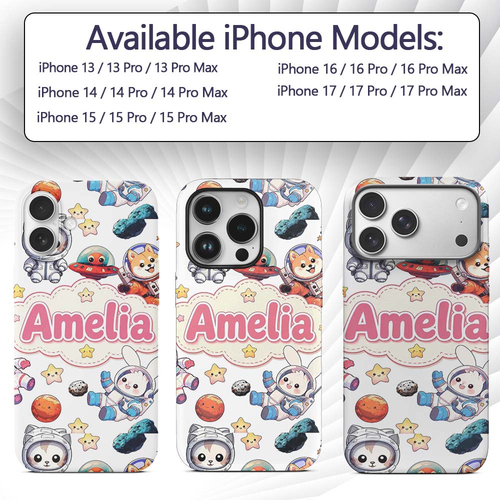 Space Animals Astronaut Dog Bunny Printed Design Custom Name Protective Phone Case Mobile Cover Durable Everyday Smartphone Shock Resistant