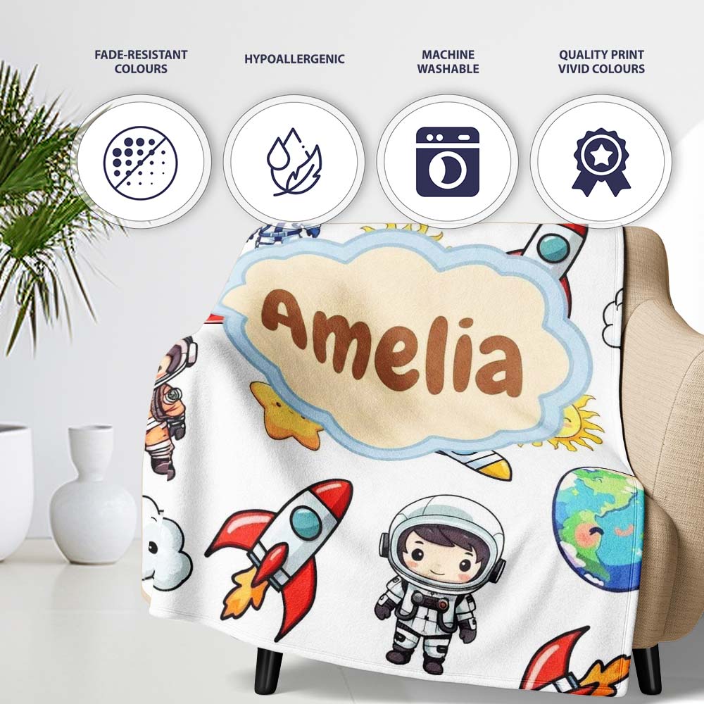 Kids Astronaut Rockets Sun Earth Clouds Space Seamless White Personalised Custom Name Super Soft Fleece Blanket Bed Sofa Throw