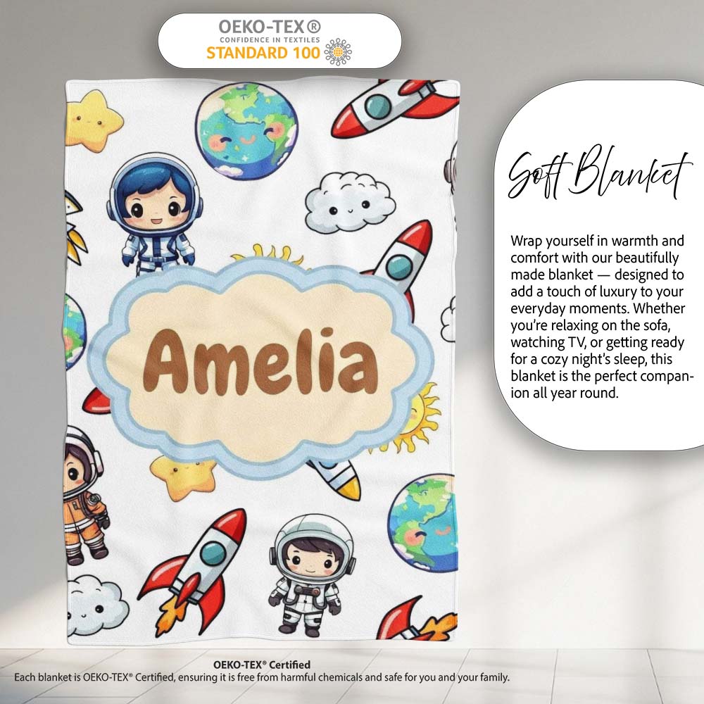 Kids Astronaut Rockets Sun Earth Clouds Space Seamless White Personalised Custom Name Super Soft Fleece Blanket Bed Sofa Throw