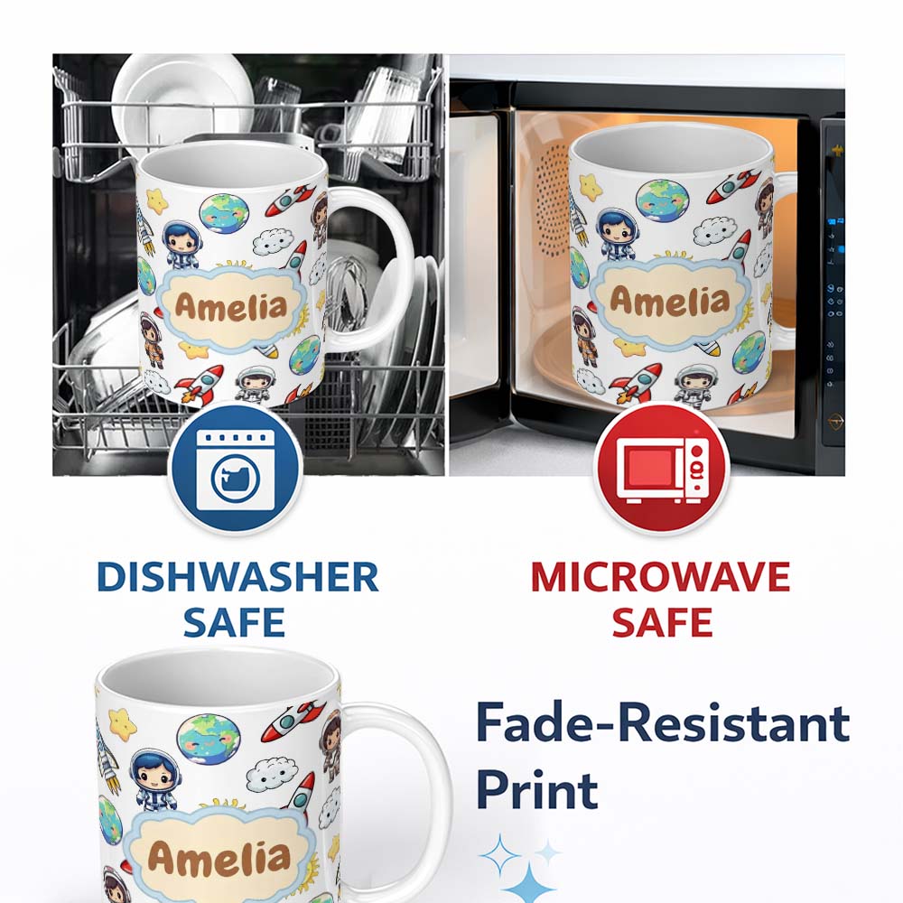 Personalized Custom Name Kids Astronaut Rockets Sun Earth Clouds Space Seamless White 11oz Ceramic Coffee Tea Mug White Large Handle
