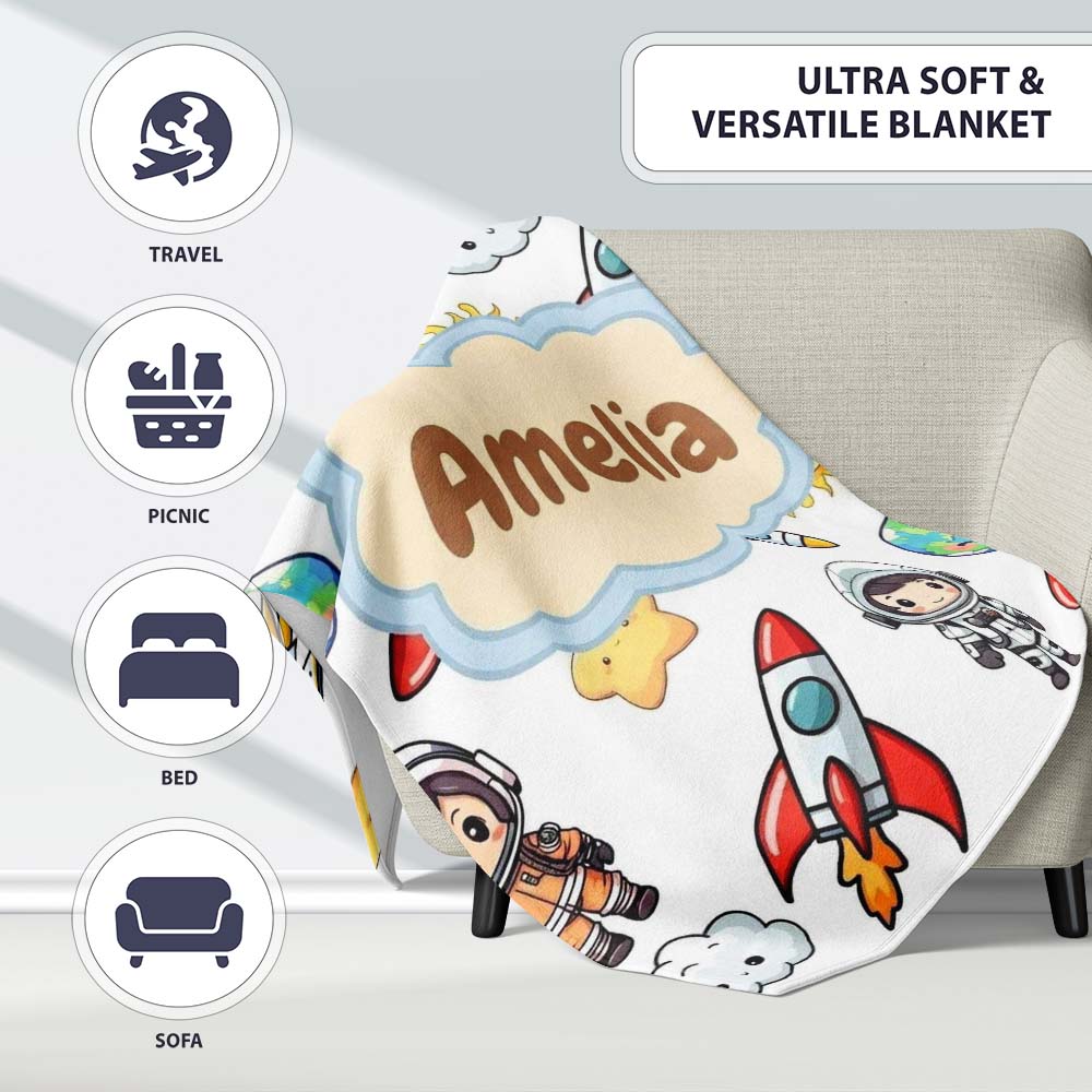 Kids Astronaut Rockets Sun Earth Clouds Space Seamless White Personalised Custom Name Super Soft Fleece Blanket Bed Sofa Throw