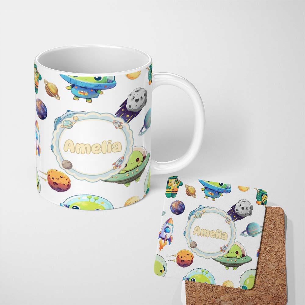 Personalized Custom Name Space Alien Astronaut Planets Meteors UFO Seamless White Background 11oz Ceramic Coffee Tea Mug White Large Handle