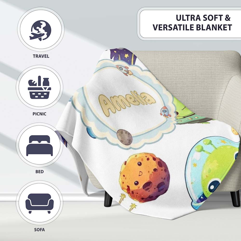 Space Alien Astronaut Planets Meteors UFO Seamless White Background Personalised Custom Name Super Soft Fleece Blanket Bed Sofa Throw