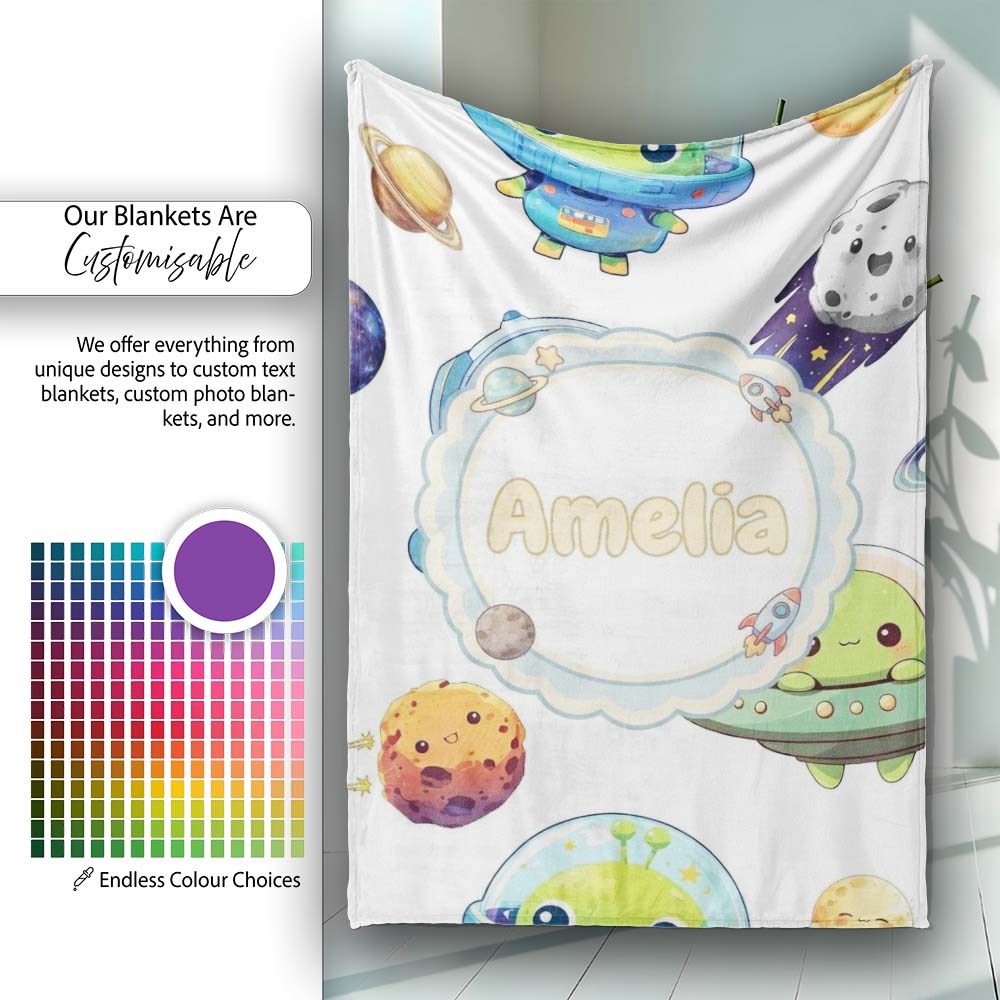 Space Alien Astronaut Planets Meteors UFO Seamless White Background Personalised Custom Name Super Soft Fleece Blanket Bed Sofa Throw