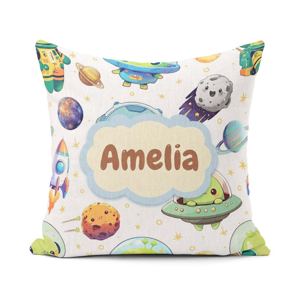 Custom Name Space Alien Astronaut Planets Meteors Seamless Light Square Filled Cushion Throw Pillow Sofa Bed Home Decor Zip Washable UK Made