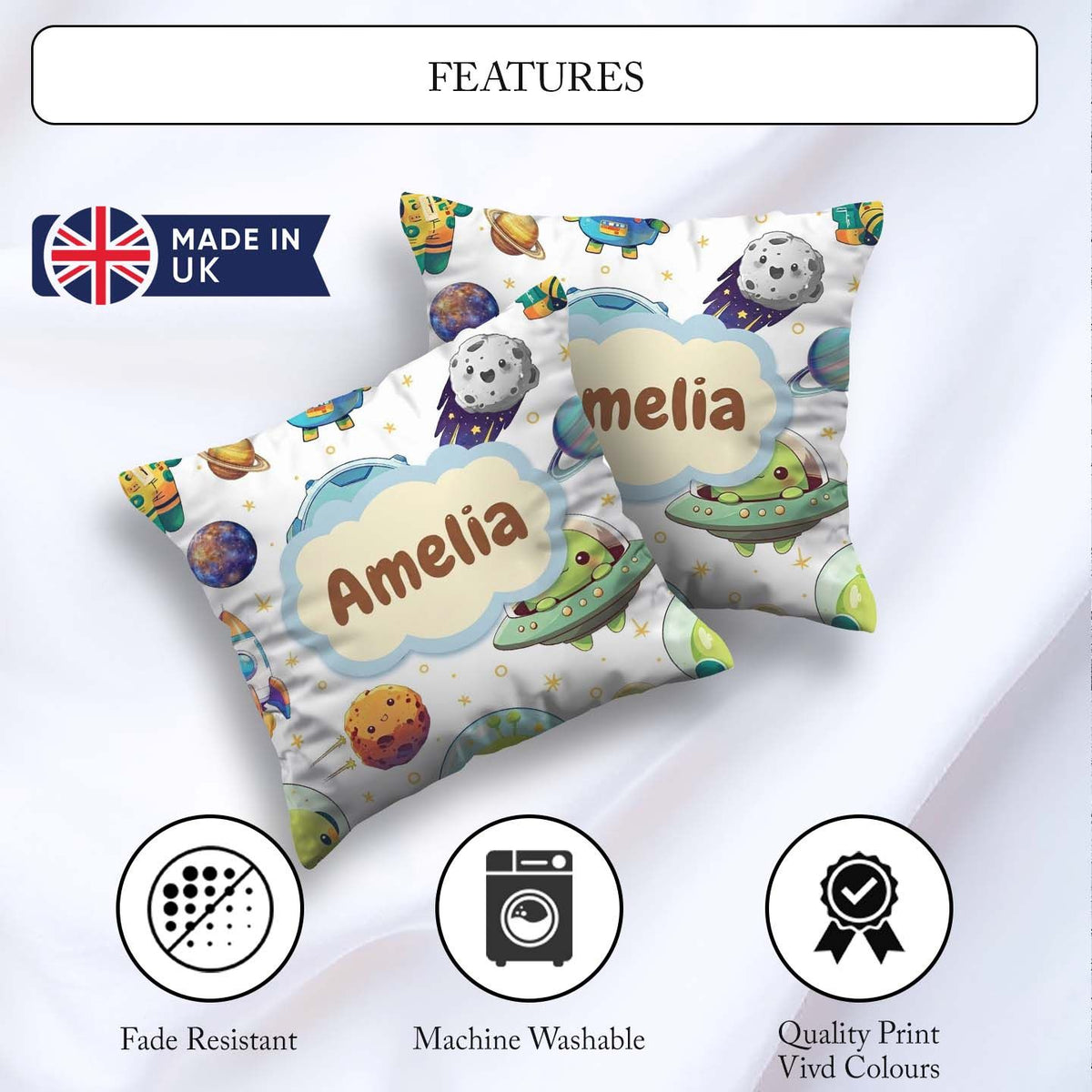 Custom Name Space Alien Astronaut Planets Meteors Seamless Light Square Filled Cushion Throw Pillow Sofa Bed Home Decor Zip Washable UK Made