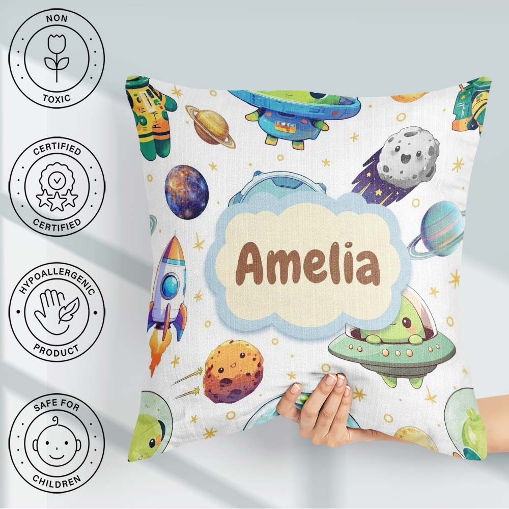 Custom Name Space Alien Astronaut Planets Meteors Seamless Light Square Filled Cushion Throw Pillow Sofa Bed Home Decor Zip Washable UK Made