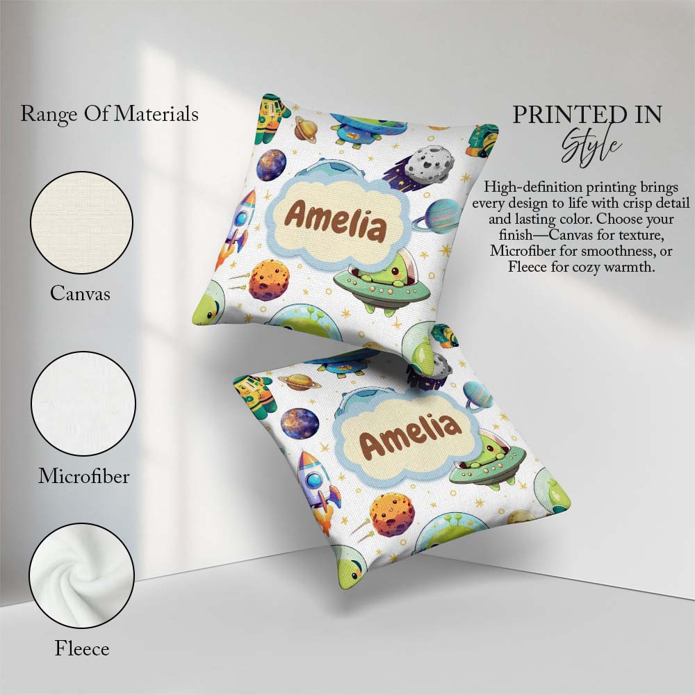 Custom Name Space Alien Astronaut Planets Meteors Seamless Light Square Filled Cushion Throw Pillow Sofa Bed Home Decor Zip Washable UK Made
