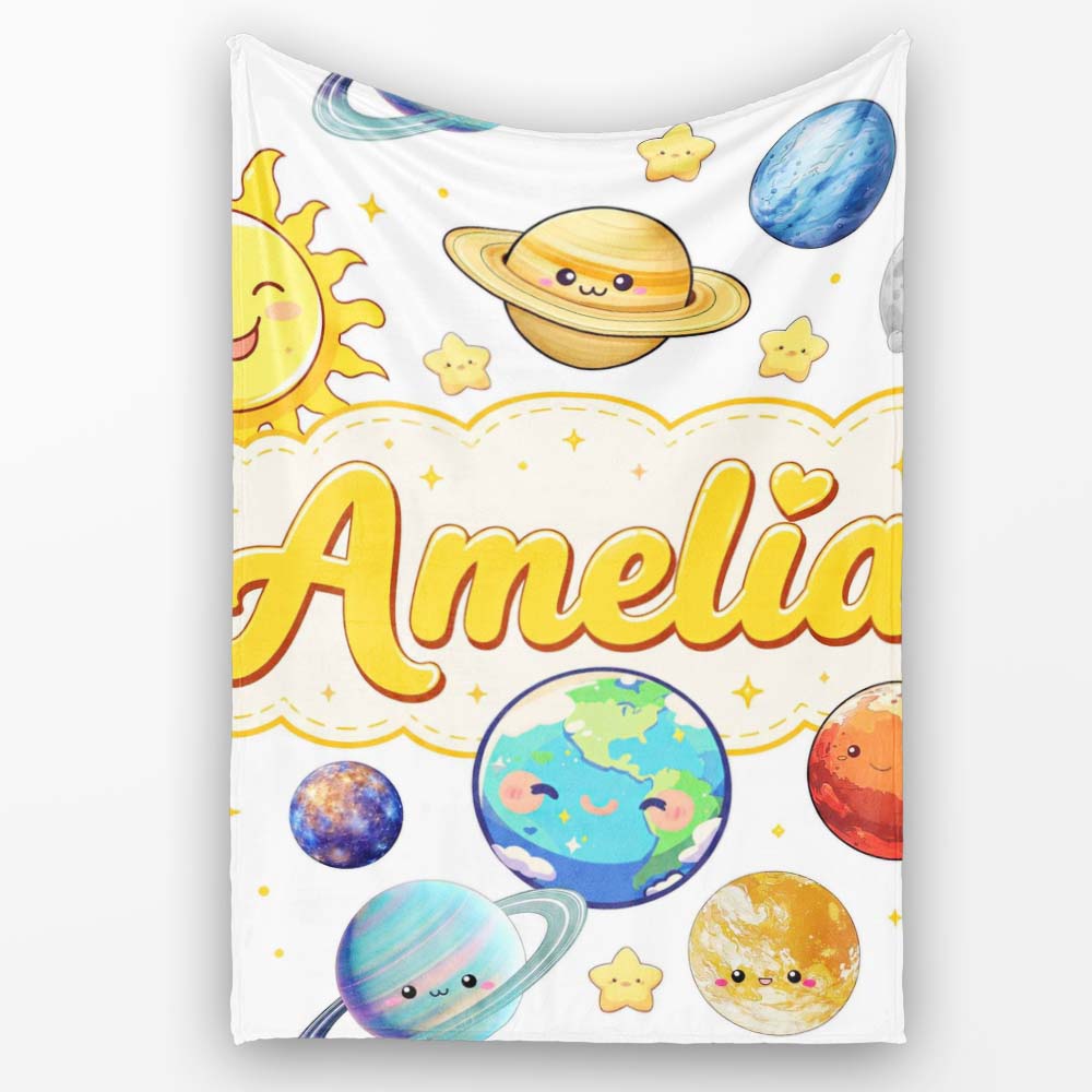 Solar System Planets Sun Stars Space Seamless Soft Grey Background Personalised Custom Name Super Soft Fleece Blanket Bed Sofa Throw