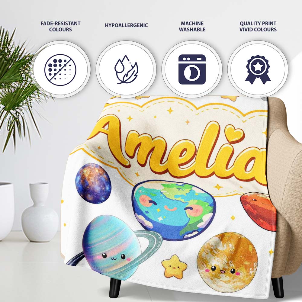 Solar System Planets Sun Stars Space Seamless Soft Grey Background Personalised Custom Name Super Soft Fleece Blanket Bed Sofa Throw