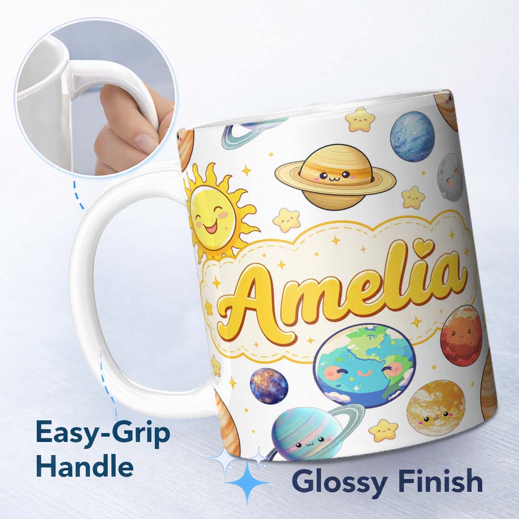 Personalized Custom Name Solar System Planets Sun Stars Space Seamless Soft Grey Background 11oz Ceramic Coffee Tea Mug White Large Handle