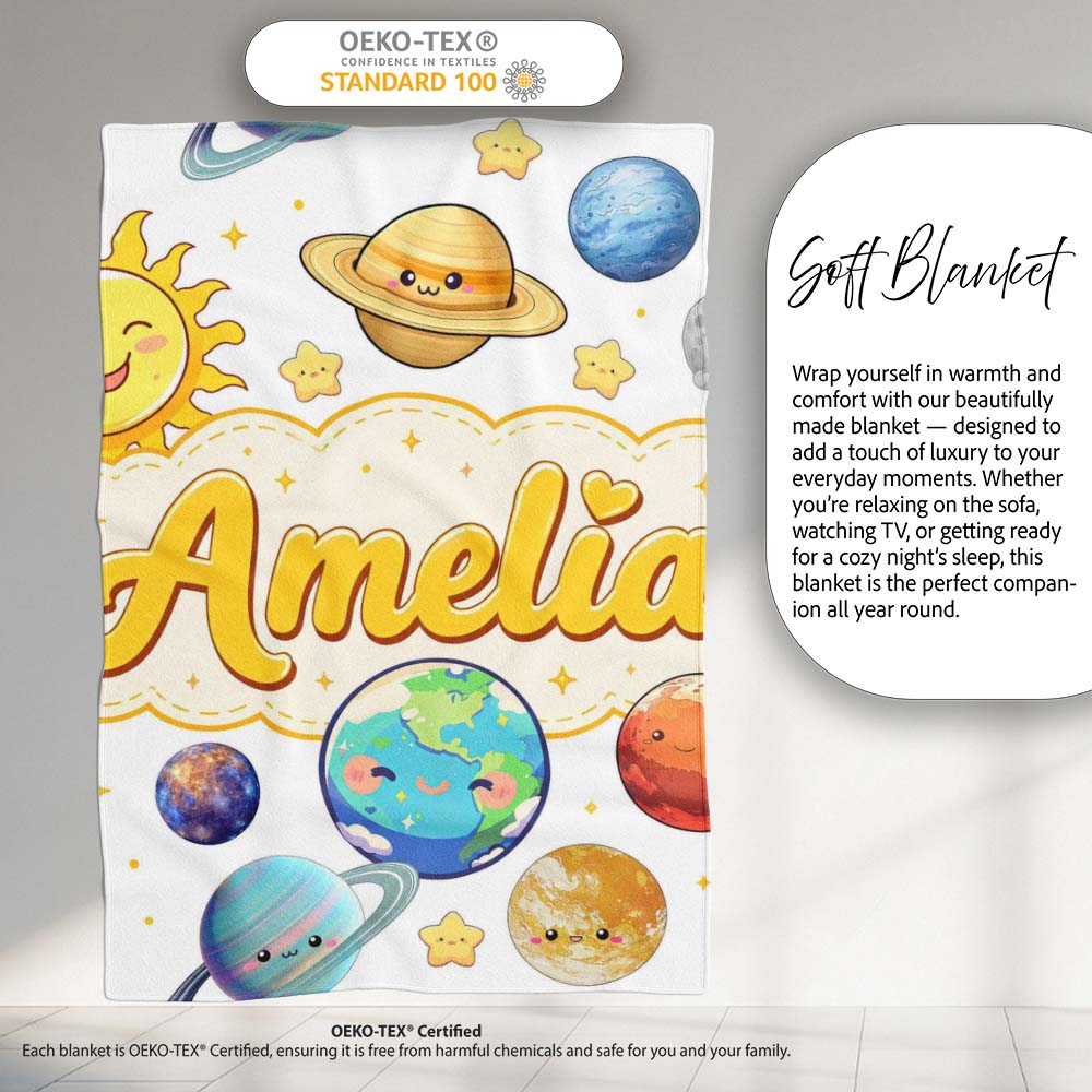 Solar System Planets Sun Stars Space Seamless Soft Grey Background Personalised Custom Name Super Soft Fleece Blanket Bed Sofa Throw