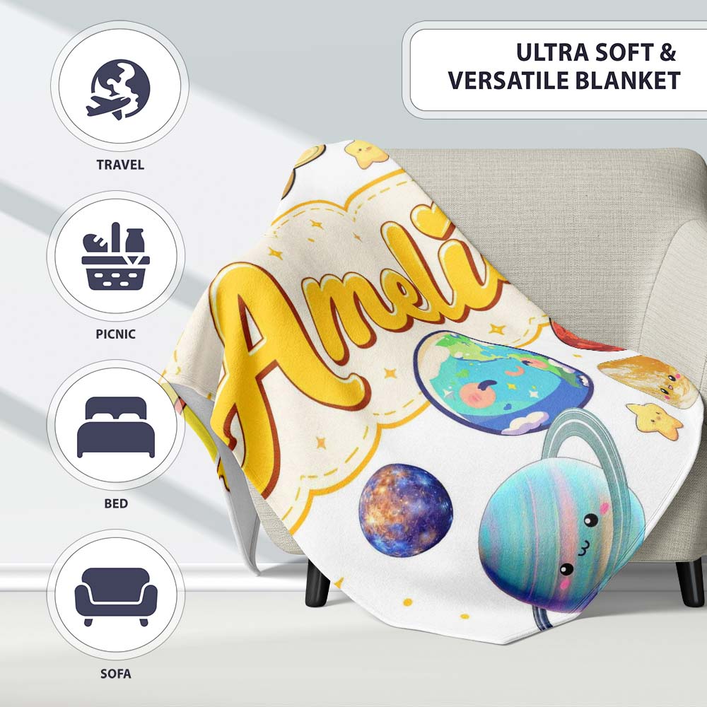 Solar System Planets Sun Stars Space Seamless Soft Grey Background Personalised Custom Name Super Soft Fleece Blanket Bed Sofa Throw