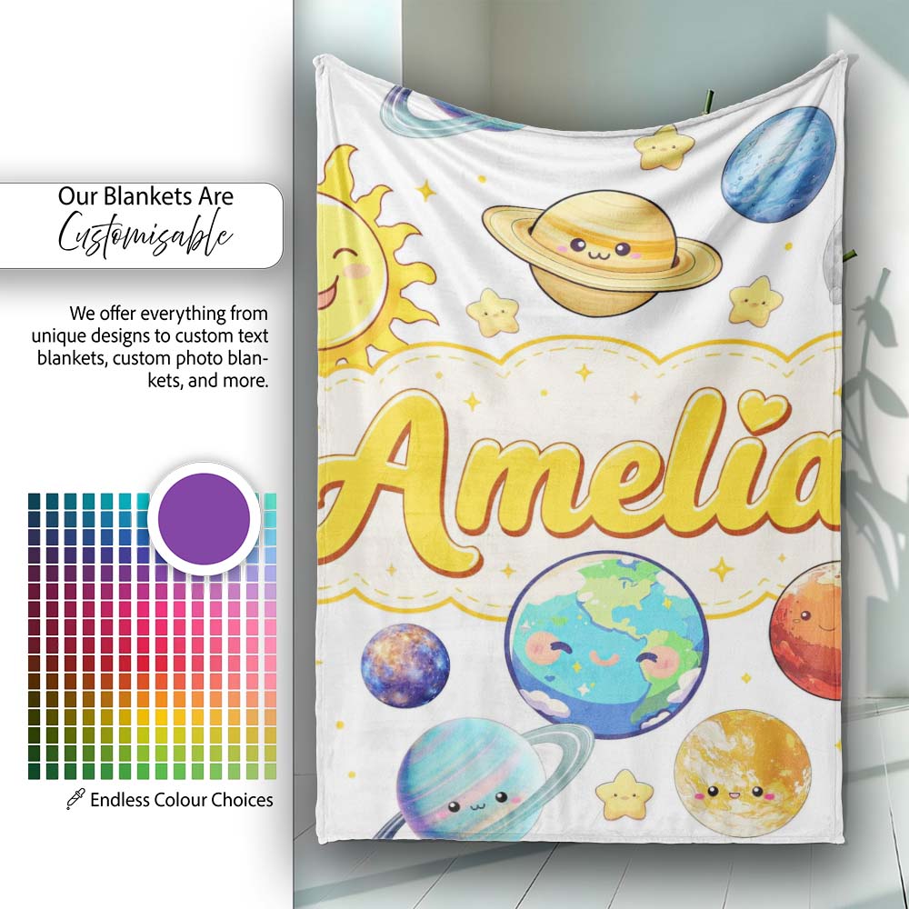 Solar System Planets Sun Stars Space Seamless Soft Grey Background Personalised Custom Name Super Soft Fleece Blanket Bed Sofa Throw