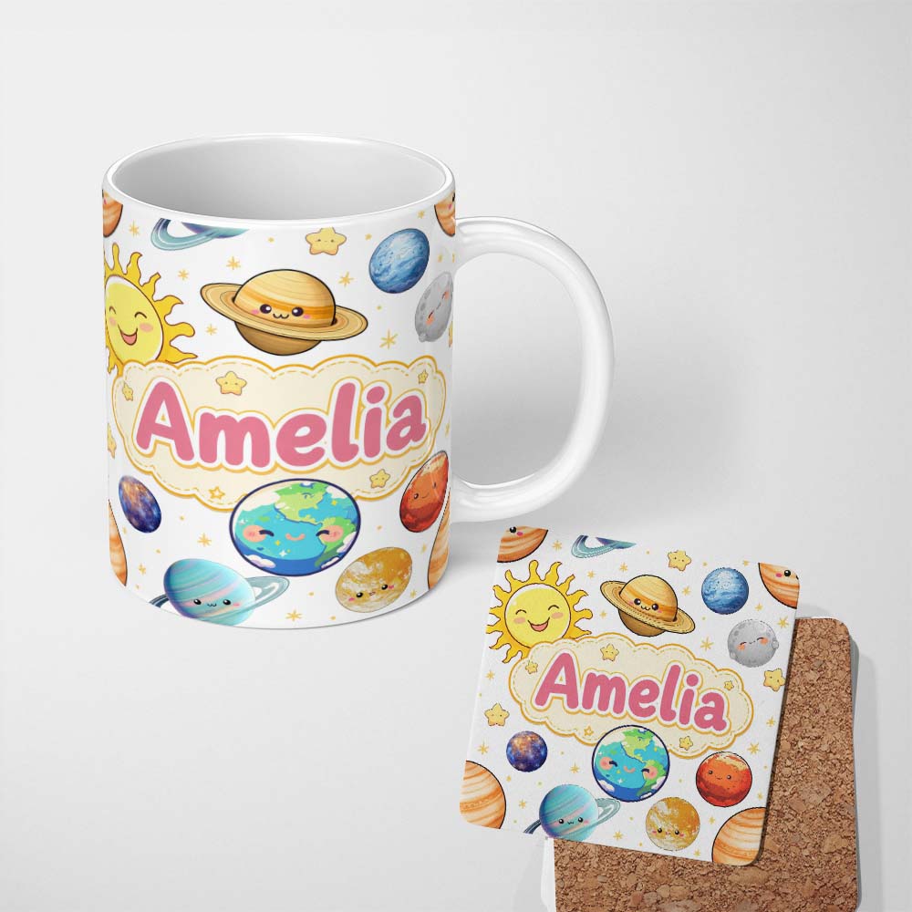 Personalized Custom Name Solar System Planets Sun Stars Space Seamless White Background Name 11oz Ceramic Coffee Tea Mug White Large Handle