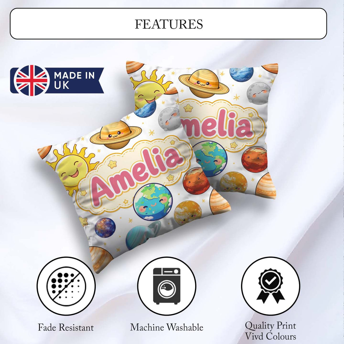 Custom Name Solar System Planets Stars Space Seamless White Name Square Filled Cushion Throw Pillow Sofa Bed Home Decor Zip Washable UK Made