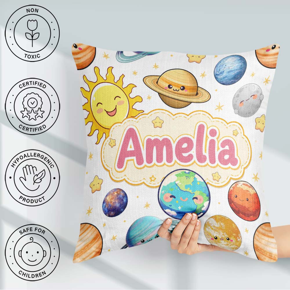 Custom Name Solar System Planets Stars Space Seamless White Name Square Filled Cushion Throw Pillow Sofa Bed Home Decor Zip Washable UK Made