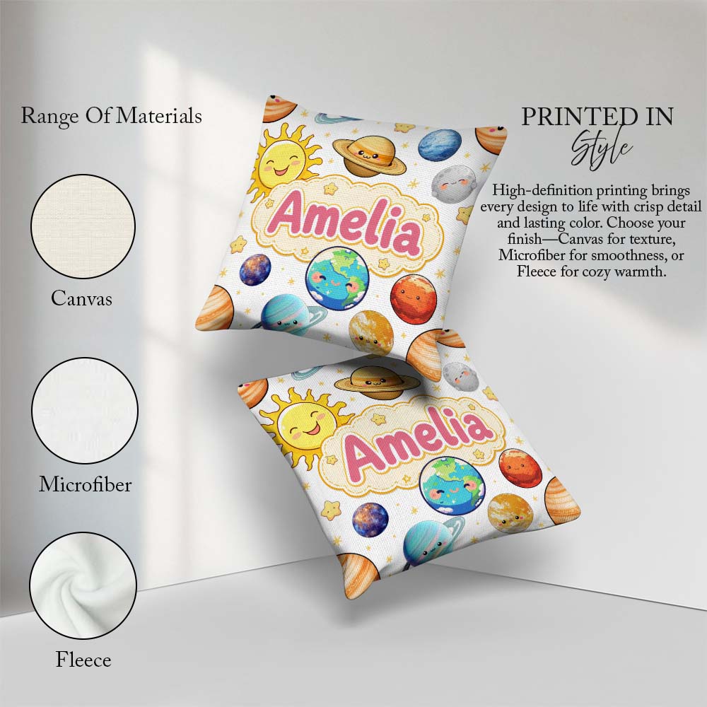 Custom Name Solar System Planets Stars Space Seamless White Name Square Filled Cushion Throw Pillow Sofa Bed Home Decor Zip Washable UK Made