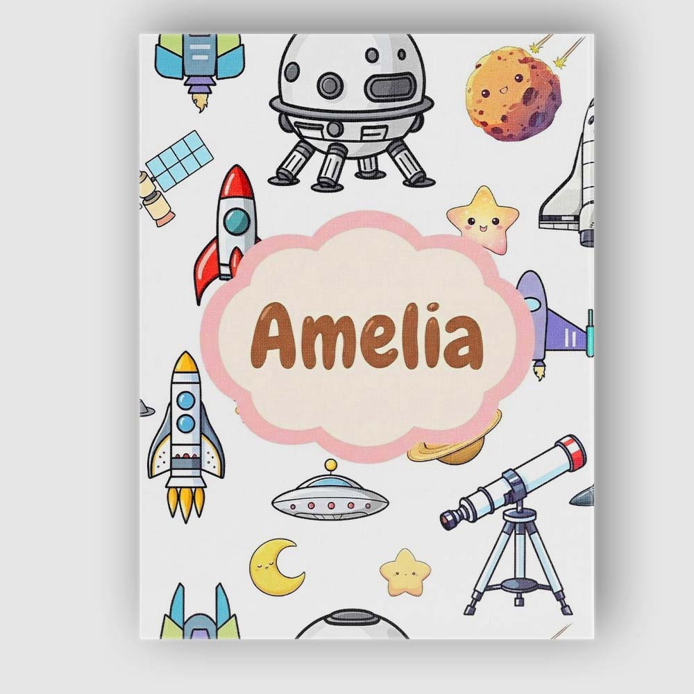 Personalised Name Astronaut Rockets Satellites UFO Space Seamless Stylish Home Interior Canvas Wall Art Print Decor Picture Ready to Hang