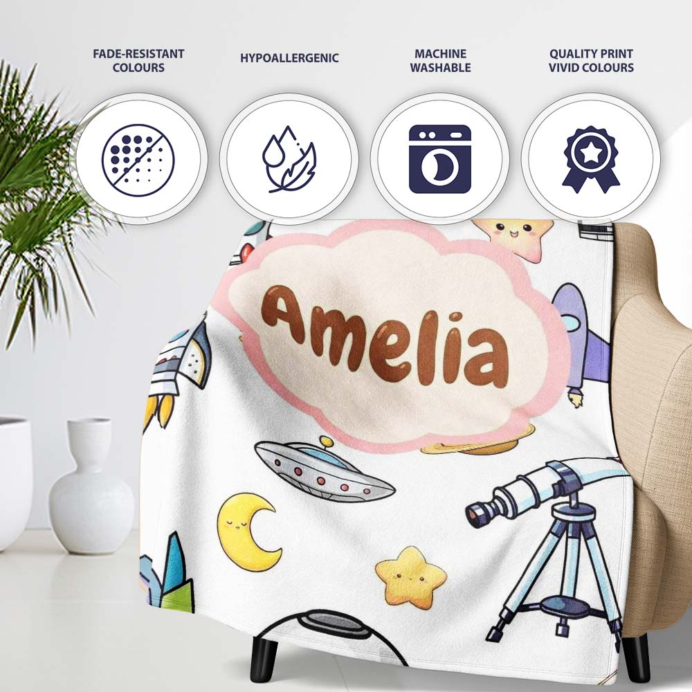 Astronaut Rockets Satellites UFO Space Seamless Light Background Personalised Custom Name Super Soft Fleece Blanket Bed Sofa Throw