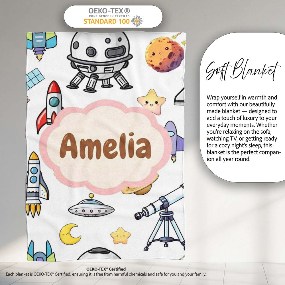 Astronaut Rockets Satellites UFO Space Seamless Light Background Personalised Custom Name Super Soft Fleece Blanket Bed Sofa Throw