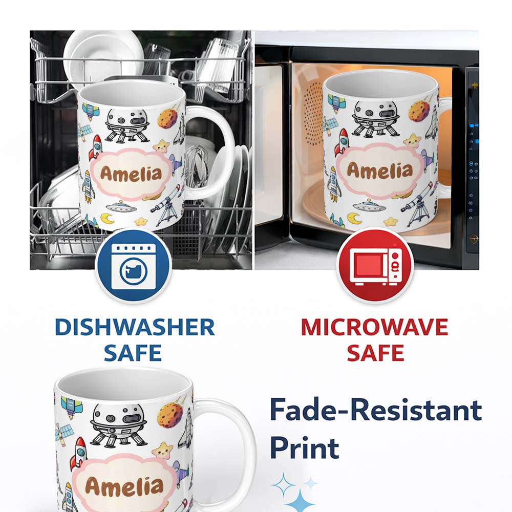 Personalized Custom Name Astronaut Rockets Satellites UFO Space Seamless Light Background 11oz Ceramic Coffee Tea Mug White Large Handle