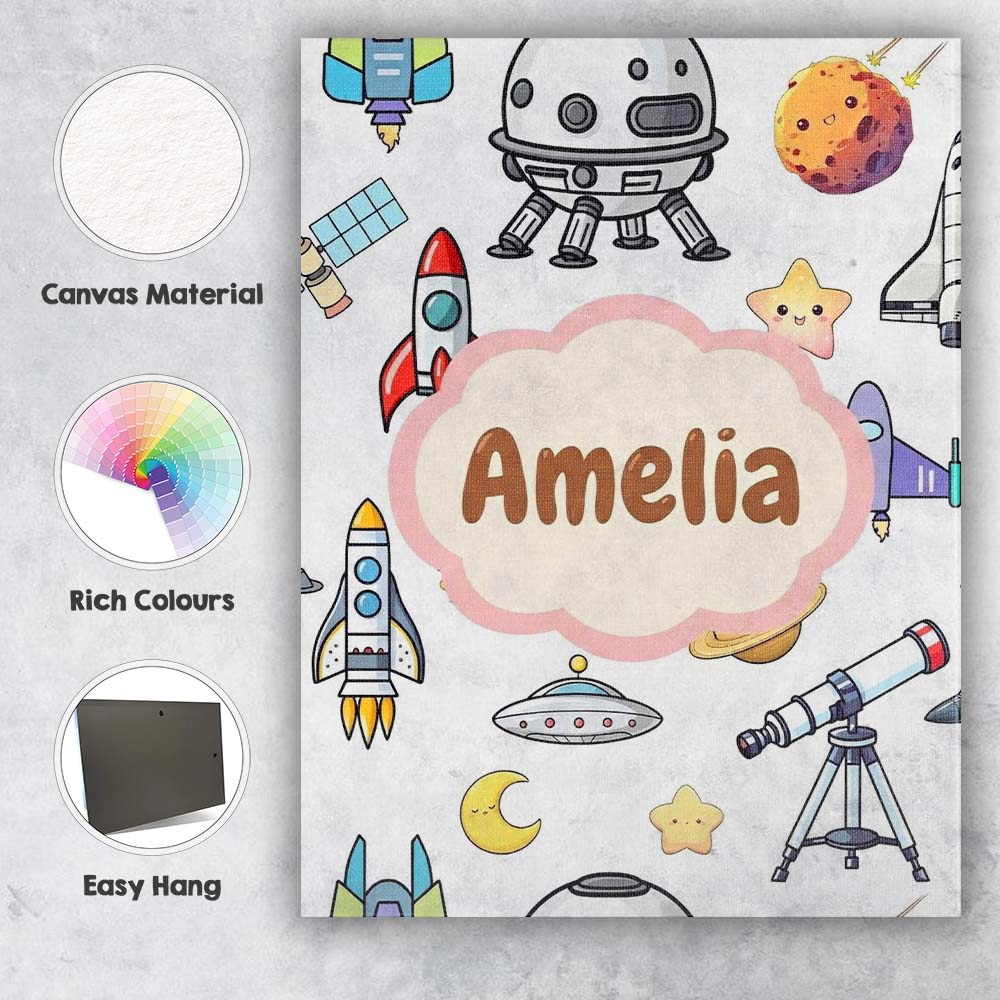 Personalised Name Astronaut Rockets Satellites UFO Space Seamless Stylish Home Interior Canvas Wall Art Print Decor Picture Ready to Hang